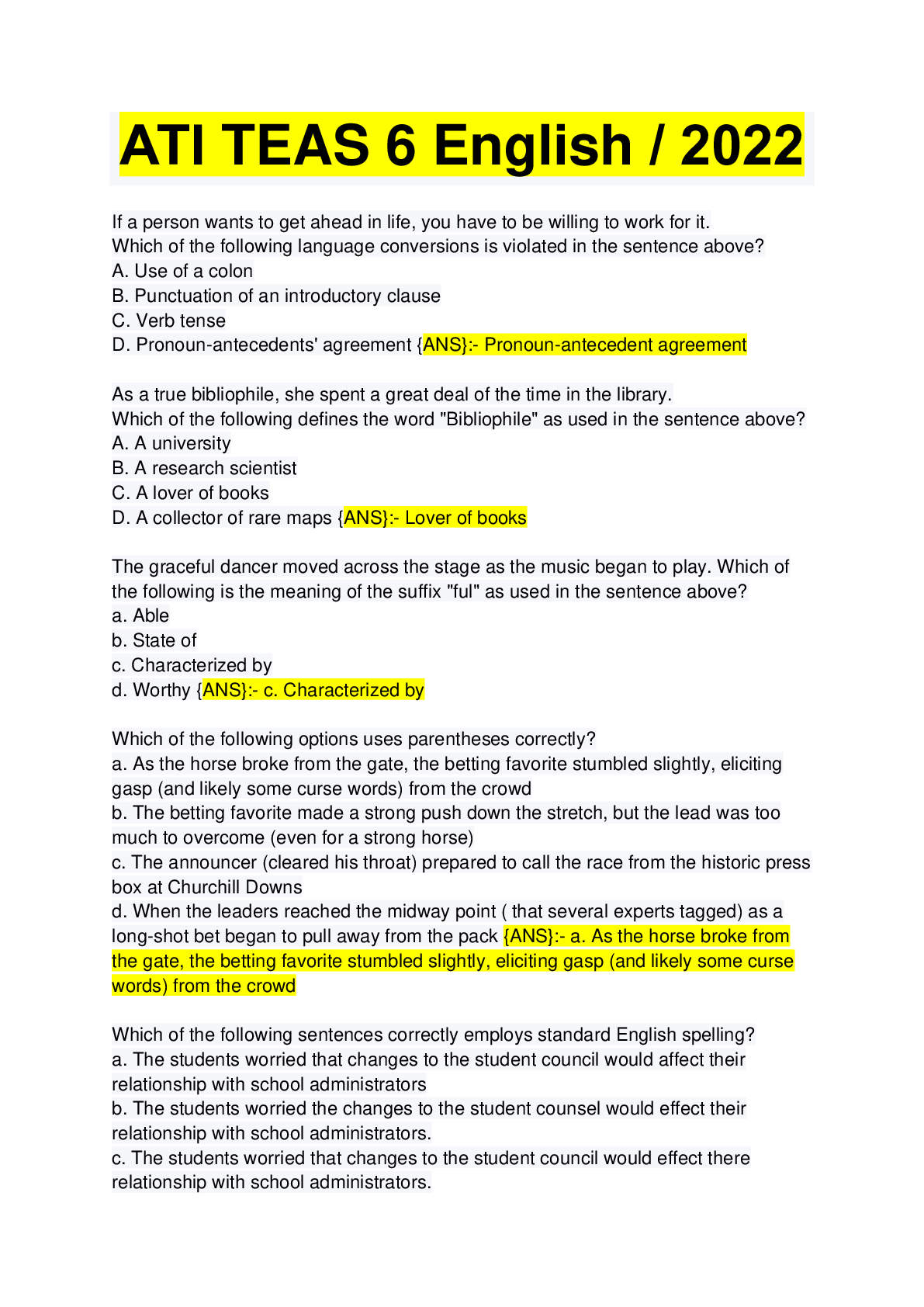 ATI TEAS 6 English / 2022 Browsegrades